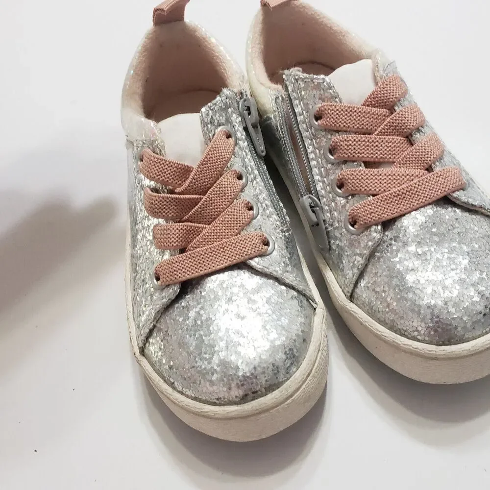 Zara Girl EU Size 23 Silver Side‎ Zipper Lace Up Low Top Shoes Sparkle Sequin